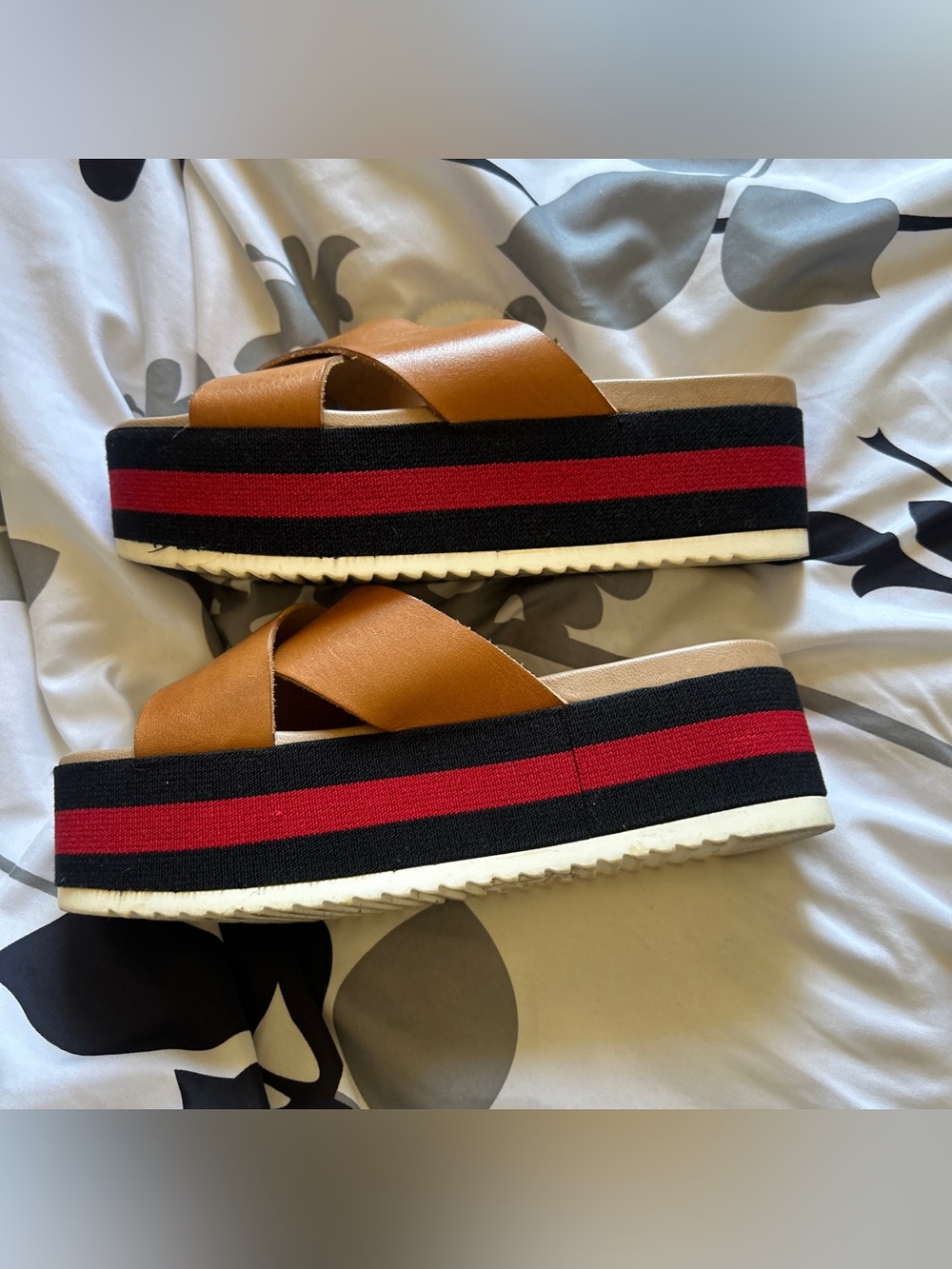 Tan Leather Crisscross Platform Sandals with Black Red Stripe Platform 6.5